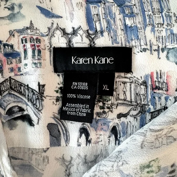 Karen Kane White & Blue Printed Blouse, Old World Vibes, Cathedrals- size XL - Picture 9 of 13